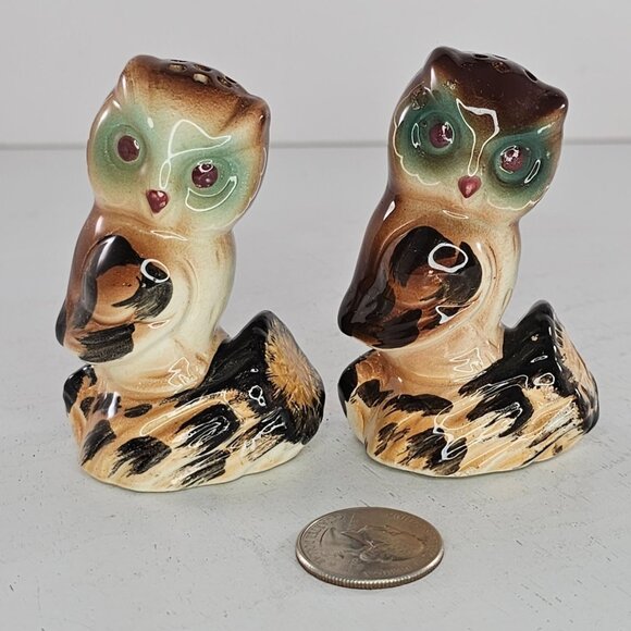 Vintage Japan Owl Salt Pepper Shaker Set Ceramic Brown Green - Picture 1 of 6